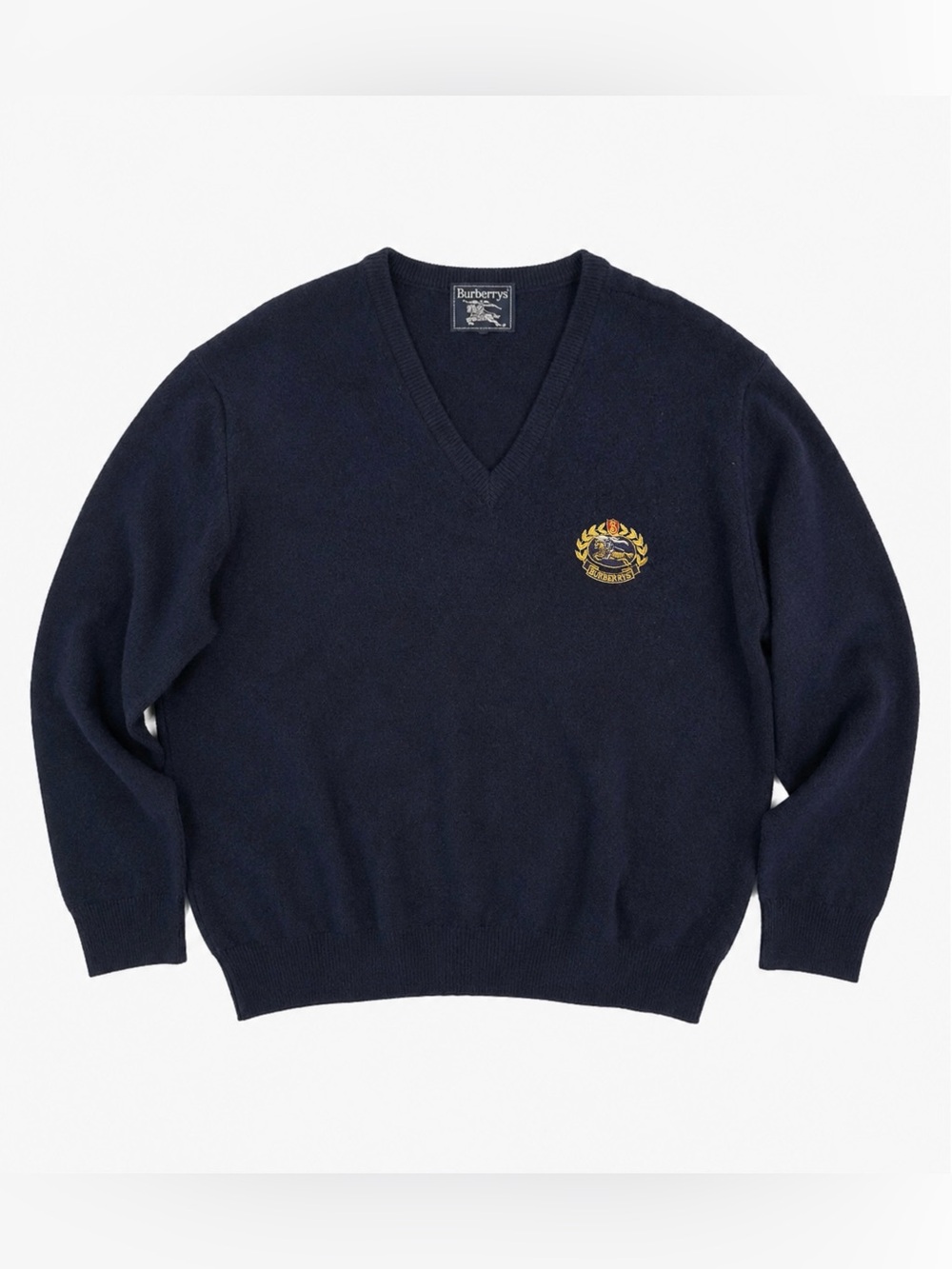 Burberrys Vintage 100% Lambswool Crest V-Neck Sweater – Made in Scotland